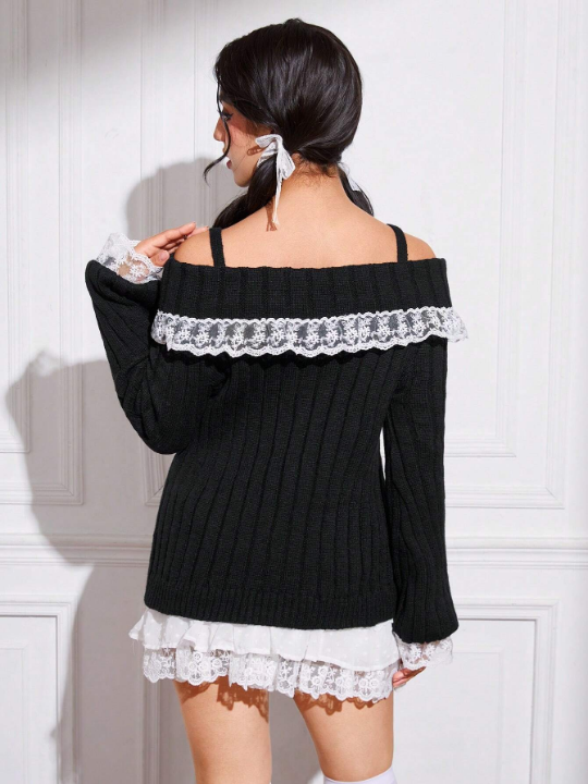 ROMWE Kawaii Contrast Lace Bow Cold Shoulder Sweater