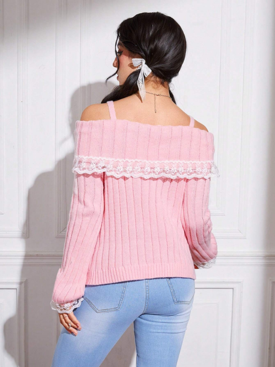 ROMWE Kawaii Contrast Lace Bow Front Cold Shoulder Sweater