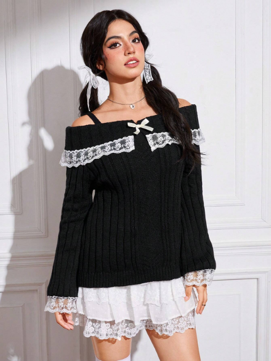 ROMWE Kawaii Contrast Lace Bow Cold Shoulder Sweater