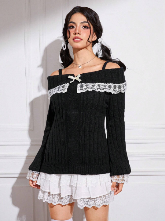 ROMWE Kawaii Contrast Lace Bow Cold Shoulder Sweater