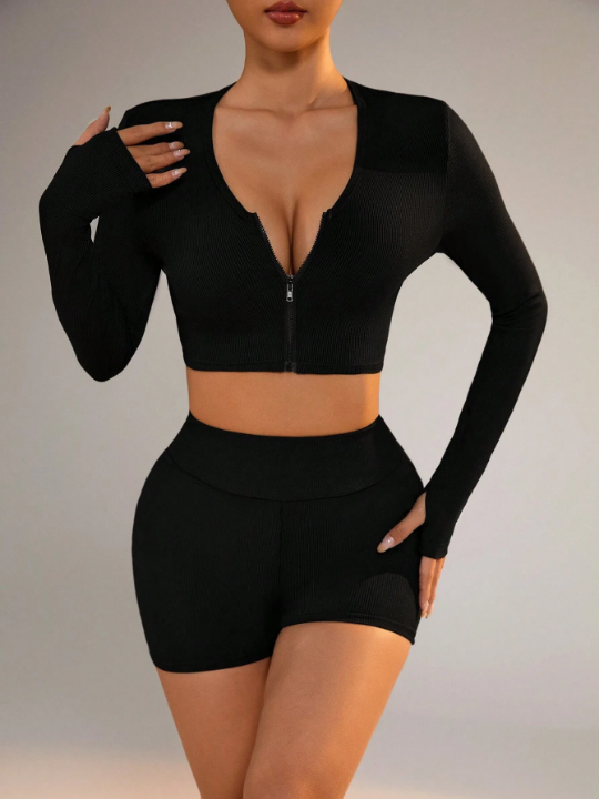 Daily&Casual Women's Solid Color Cropped Thumb Hole Top And Shorts, Slim Fit Sports Set