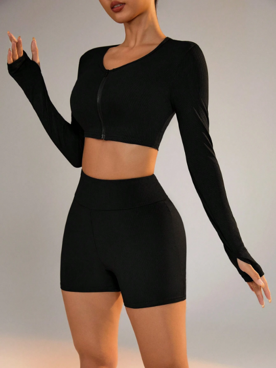 Daily&Casual Women's Solid Color Cropped Thumb Hole Top And Shorts, Slim Fit Sports Set