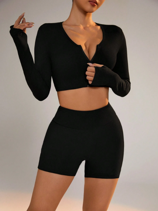 Daily&Casual Women's Solid Color Cropped Thumb Hole Top And Shorts, Slim Fit Sports Set