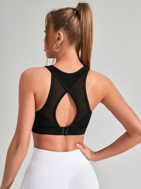 Women's Mesh Patchwork Yoga Sports Bra With Open Back Design