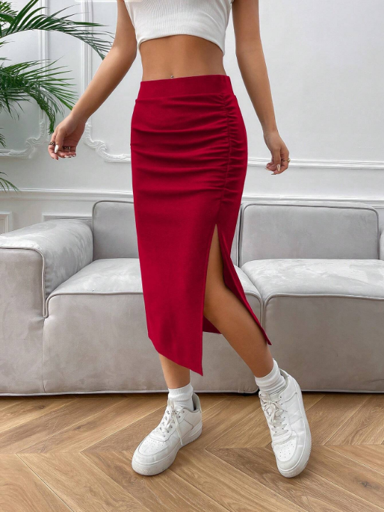 EZwear Pleated Side Split Midi Skirt