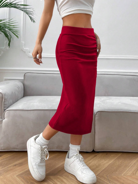 EZwear Pleated Side Split Midi Skirt