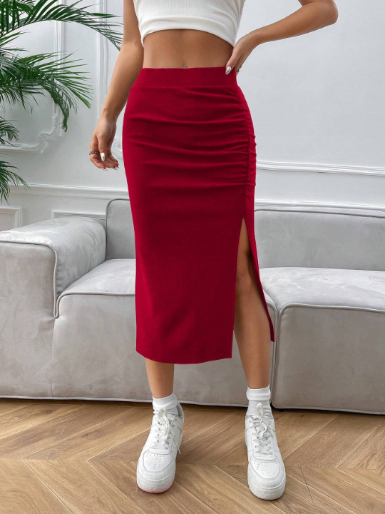 EZwear Pleated Side Split Midi Skirt