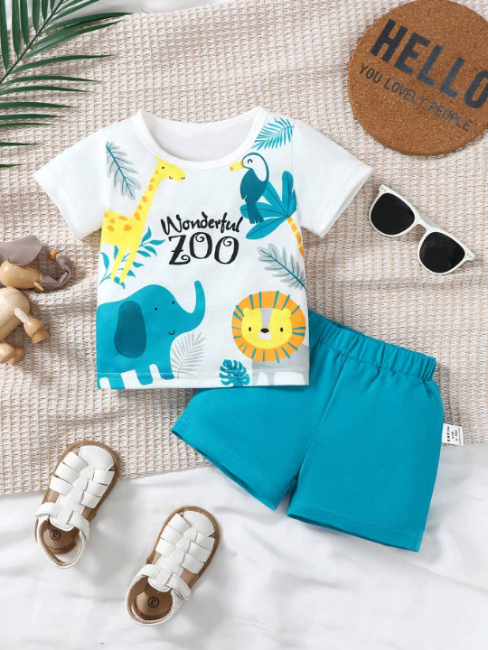 Baby Boy Cartoon Animal Printed Short Sleeve Top And Solid Color Shorts Set