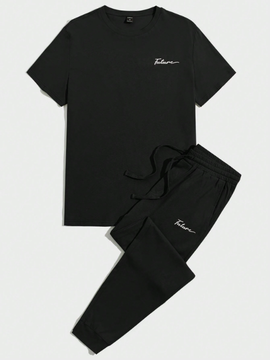Men's Letter Print Short Sleeve Top And Pants Homewear Set