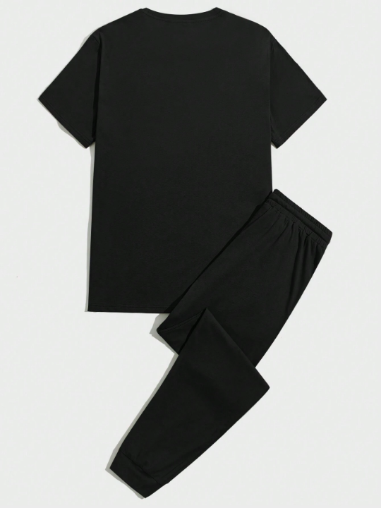Men's Letter Print Short Sleeve Top And Pants Homewear Set