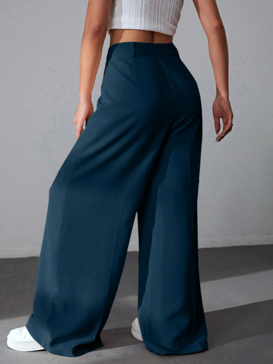 EZwear Solid Color Pleated Wide Leg Pants