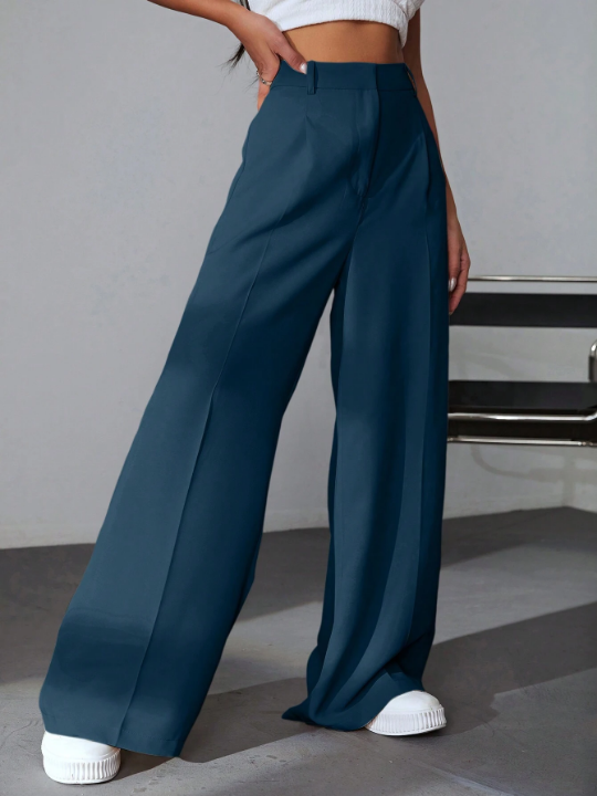 EZwear Solid Color Pleated Wide Leg Pants