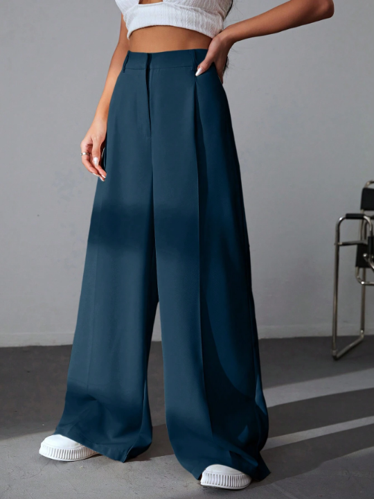 EZwear Solid Color Pleated Wide Leg Pants