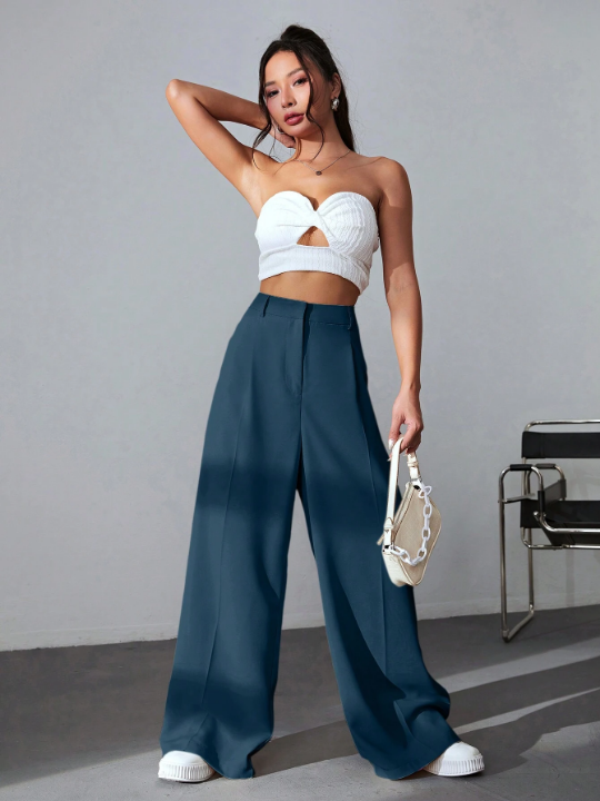 EZwear Solid Color Pleated Wide Leg Pants