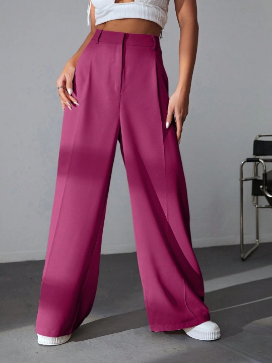 EZwear Solid Color Pleated Wide Leg Pants