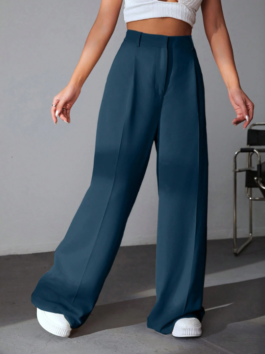 EZwear Solid Color Pleated Wide Leg Pants