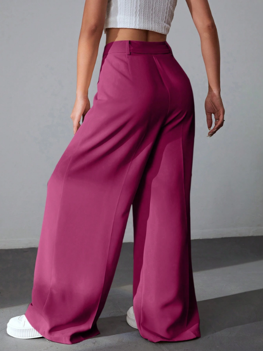 EZwear Solid Color Pleated Wide Leg Pants