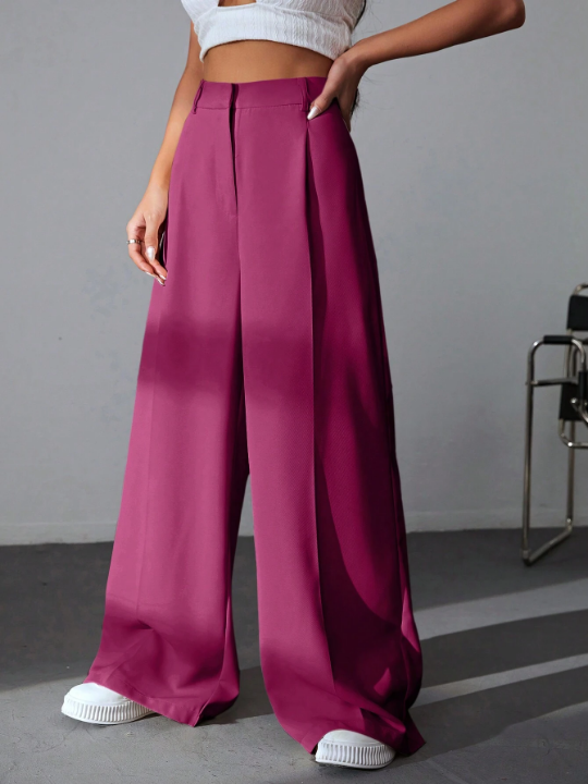 EZwear Solid Color Pleated Wide Leg Pants