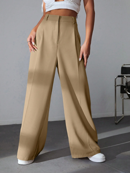 EZwear Solid Color Pleated Wide Leg Pants