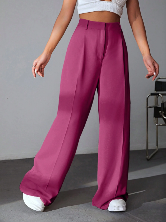 EZwear Solid Color Pleated Wide Leg Pants