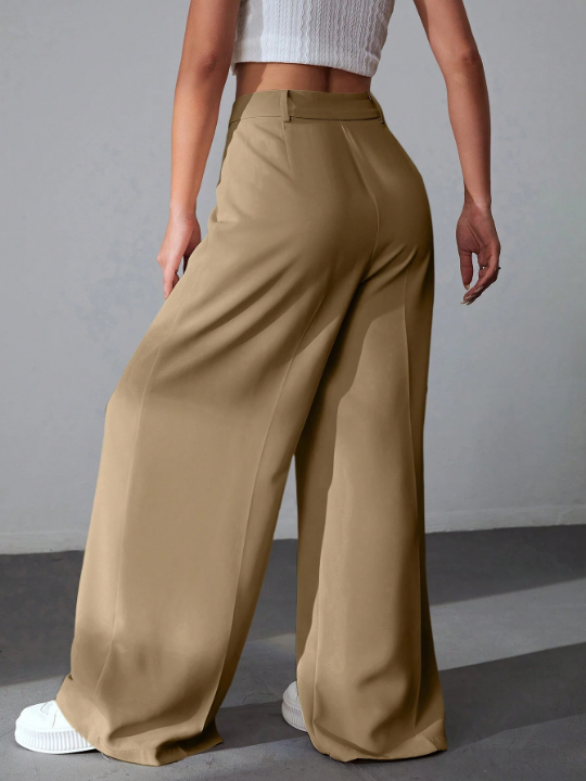 EZwear Solid Color Pleated Wide Leg Pants