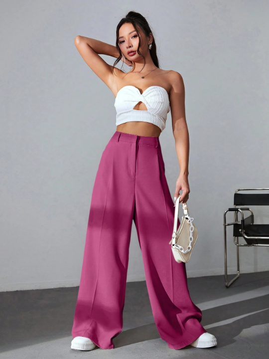 EZwear Solid Color Pleated Wide Leg Pants