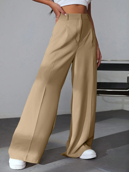 EZwear Solid Color Pleated Wide Leg Pants