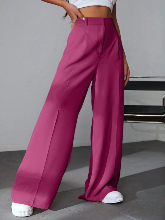 EZwear Solid Color Pleated Wide Leg Pants