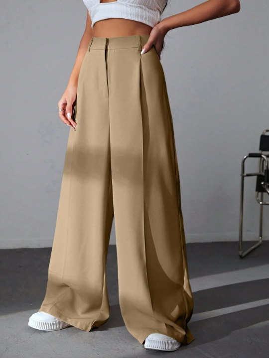 EZwear Solid Color Pleated Wide Leg Pants