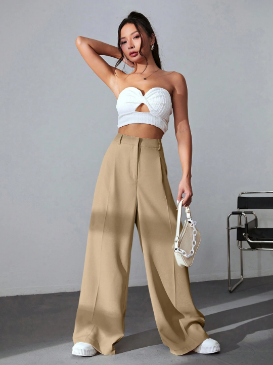 EZwear Solid Color Pleated Wide Leg Pants