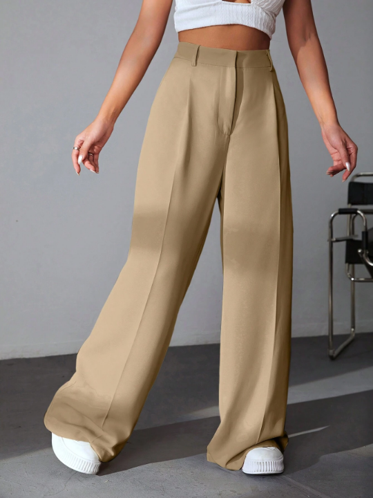 EZwear Solid Color Pleated Wide Leg Pants