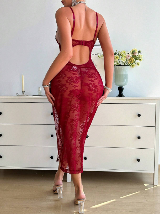 Women's Sexy Lingerie Set: High Slit Perspective Lace Cami Dress With Thong