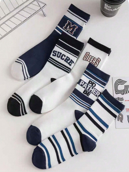 5pairs Men's Random Black & White Letter Striped Dinosaur Robot Design Trendy Streetwear Skateboard Mid-Calf Sports Socks For Autumn And Winter