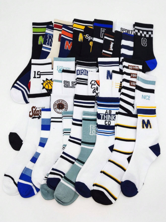 5pairs Men's Random Black & White Letter Striped Dinosaur Robot Design Trendy Streetwear Skateboard Mid-Calf Sports Socks For Autumn And Winter