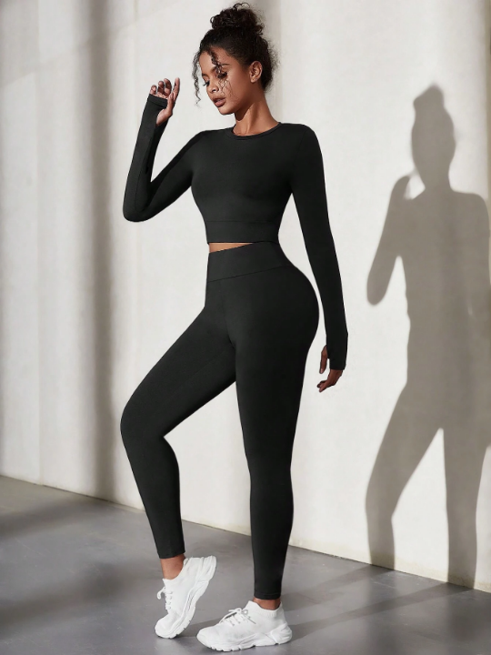 Solid Color Round Neck Sports Top Legging Set