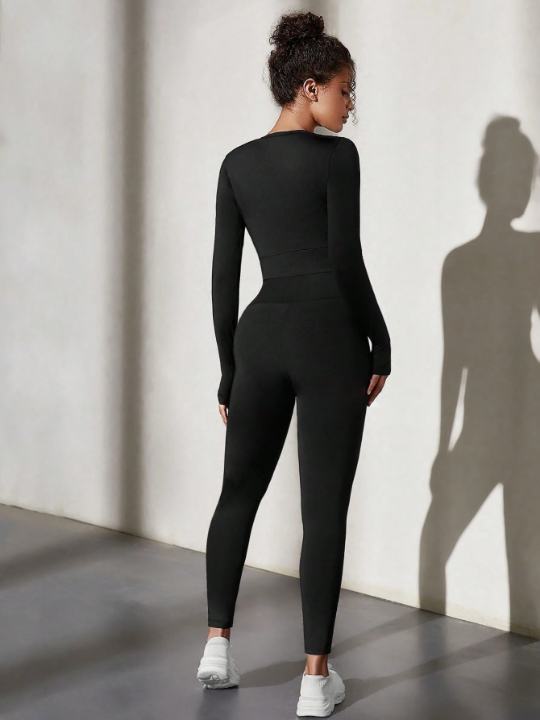 Solid Color Round Neck Sports Top Legging Set