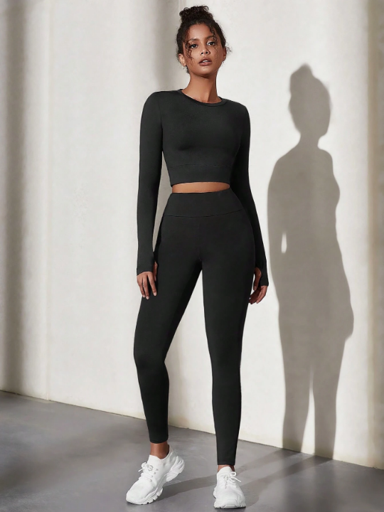 Solid Color Round Neck Sports Top Legging Set