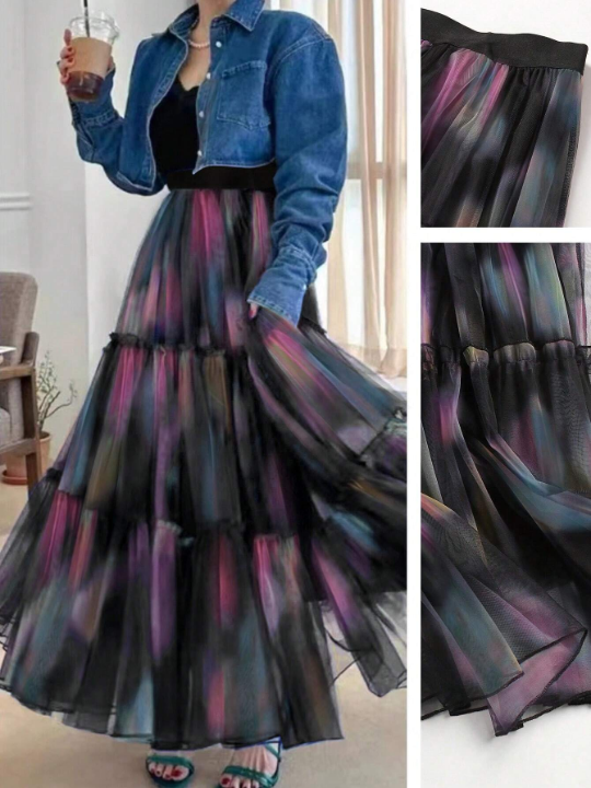 Women's Tie Dye Mesh Midi Skirt