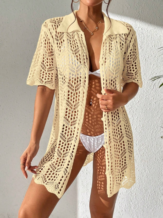 Swim Vcay 1pc Pure Color Knitted Kimono Cardigan With Hollow Out Front And Button Detail