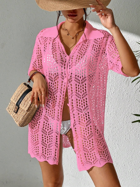 Swim Vcay 1pc Solid Color Knitted Kimono Cardigan With Hollow Out Front And Button