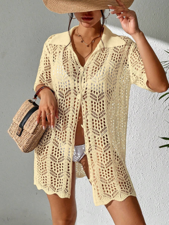 Swim Vcay 1pc Pure Color Knitted Kimono Cardigan With Hollow Out Front And Button Detail