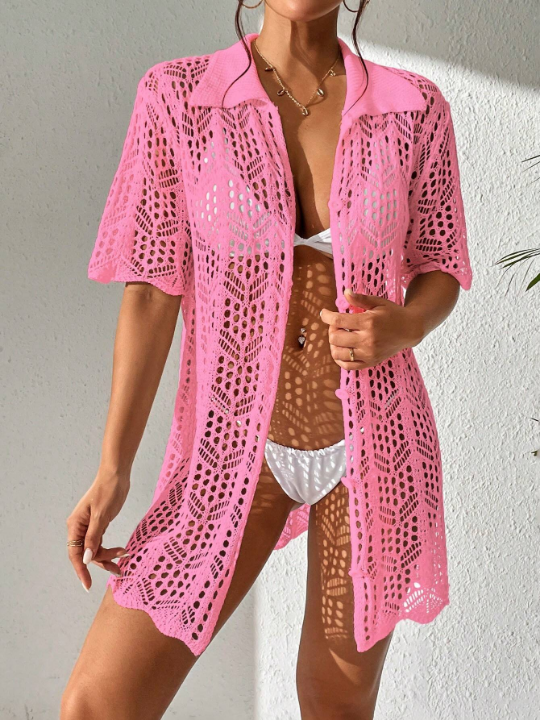 Swim Vcay 1pc Solid Color Knitted Kimono Cardigan With Hollow Out Front And Button