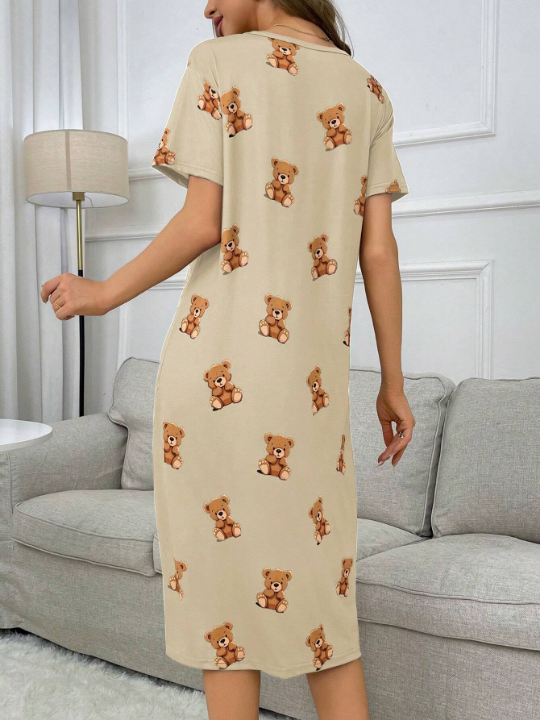 Bear Print Short Sleeve T-Shirt Sleep Dress