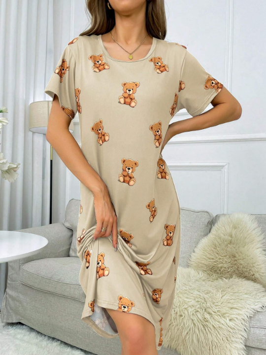 Bear Print Short Sleeve T-Shirt Sleep Dress