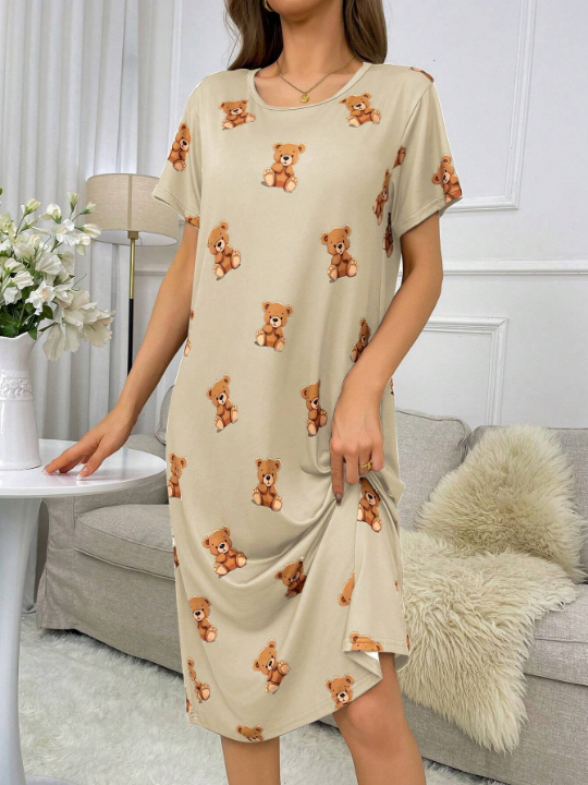 Bear Print Short Sleeve T-Shirt Sleep Dress