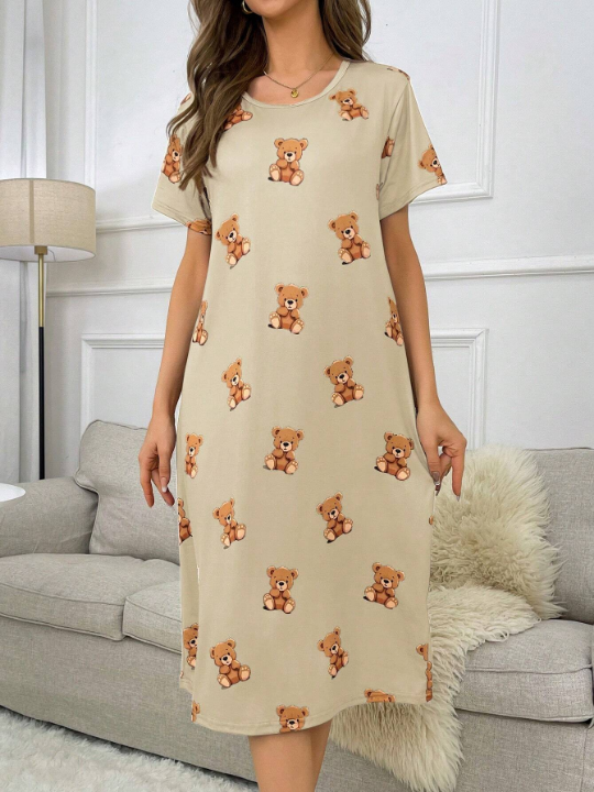 Bear Print Short Sleeve T-Shirt Sleep Dress