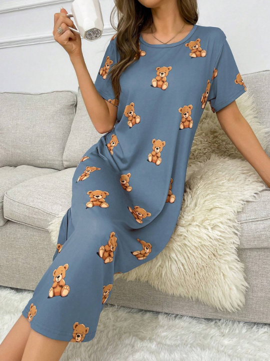 Bear Pattern Print Short Sleeve T-Shirt Dress