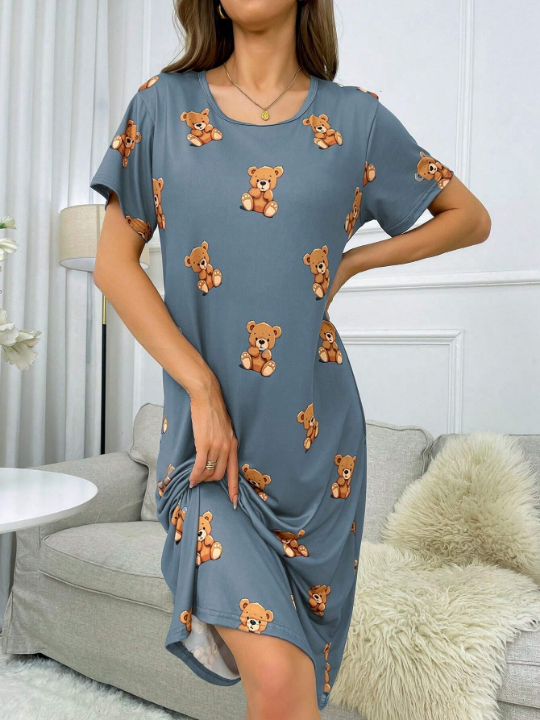 Bear Pattern Print Short Sleeve T-Shirt Dress