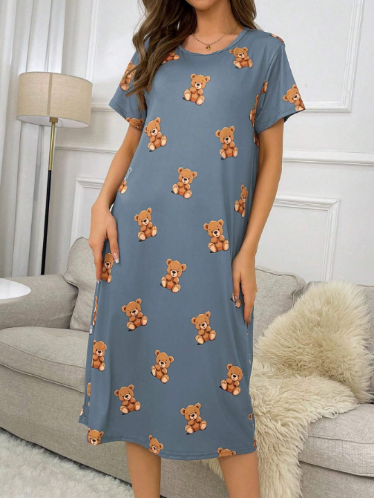 Bear Pattern Print Short Sleeve T-Shirt Dress