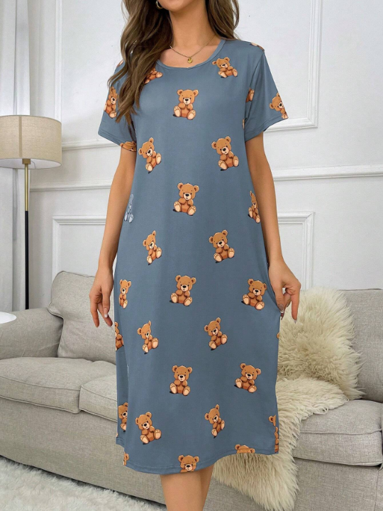 Bear Pattern Print Short Sleeve T-Shirt Dress